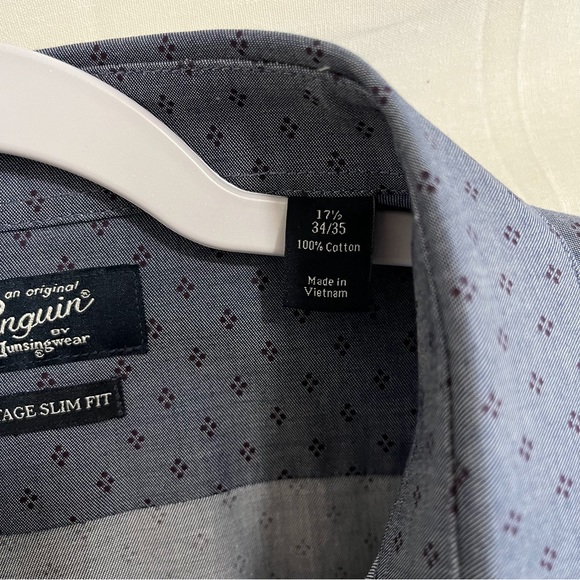 Original Penguin NWT Heritage Slim Fit Long Sleeve Blue Print Size 17 1/2 Shirt - Picture 7 of 9